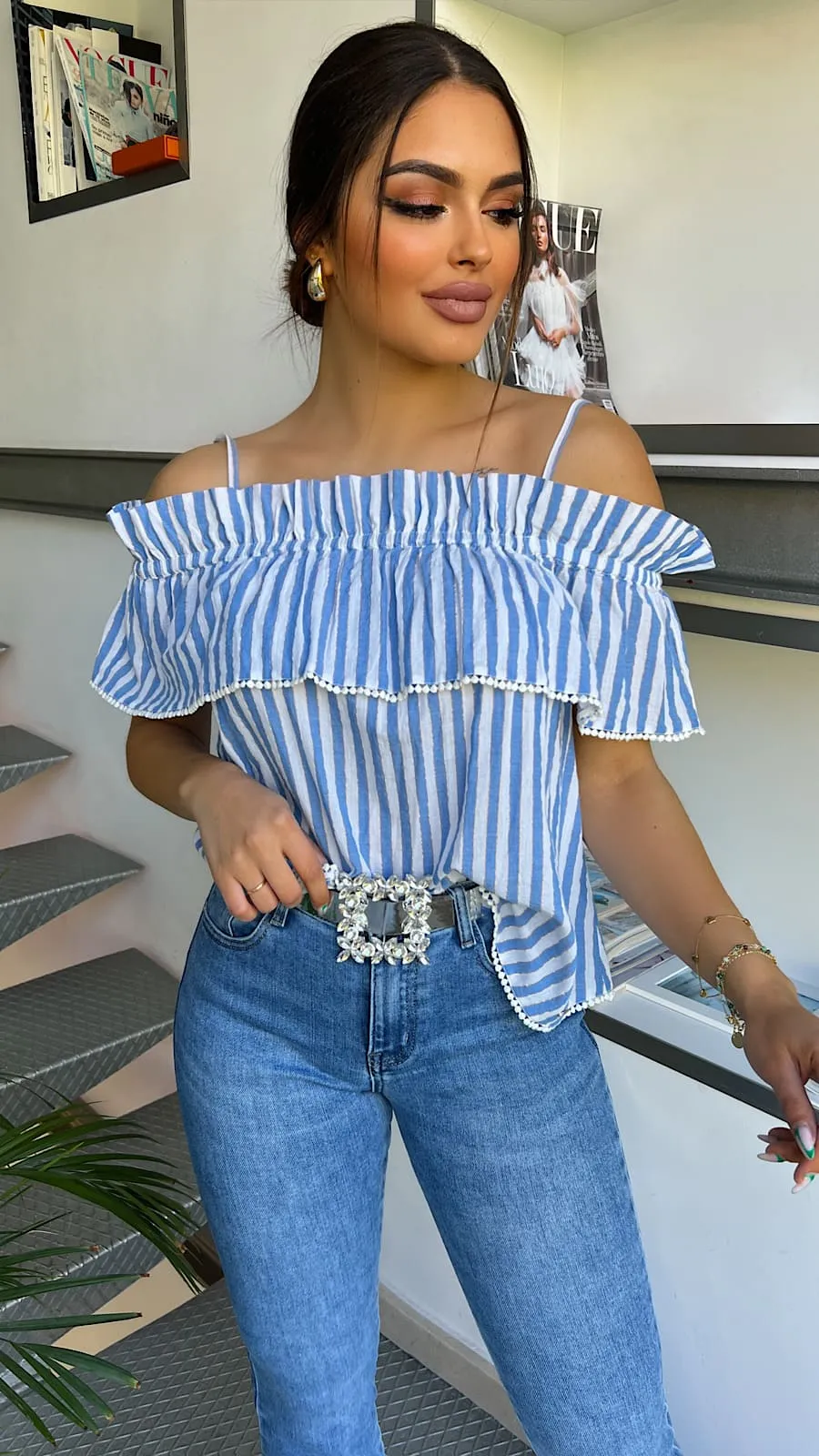 Blusa Rayas Blue&White Ribete Dorado