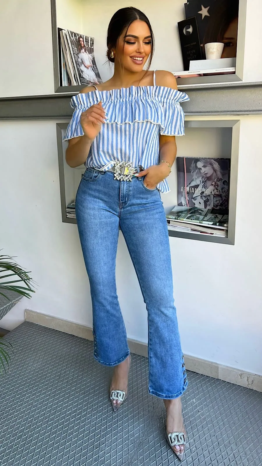 Blusa Rayas Blue&White Ribete Dorado
