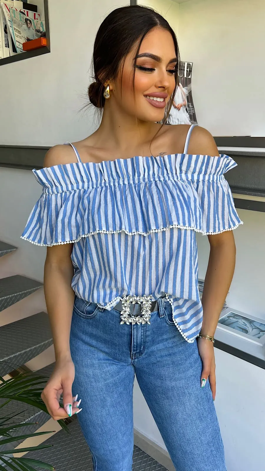 Blusa Rayas Blue&White Ribete Dorado