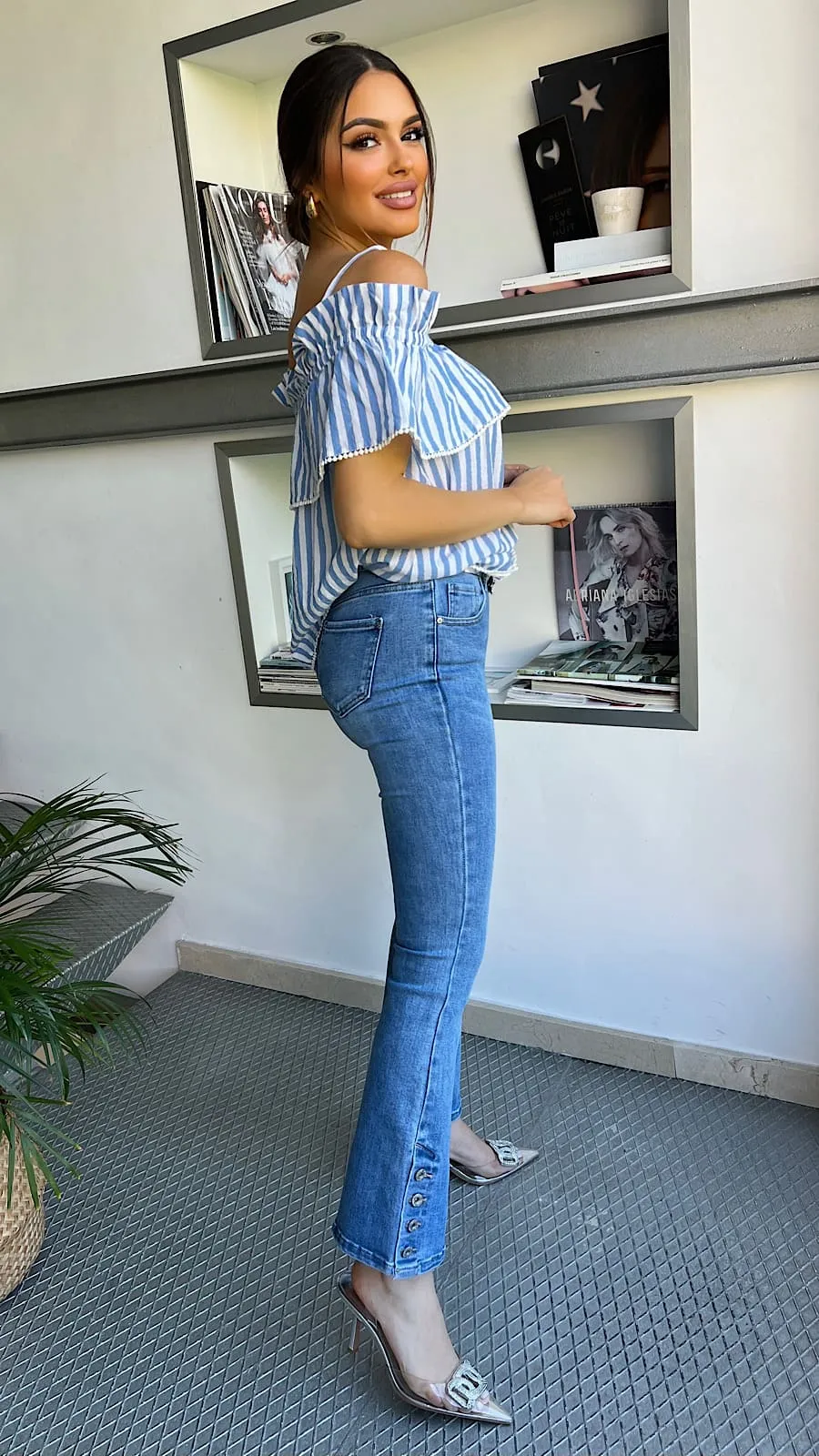 Blusa Rayas Blue&White Ribete Dorado