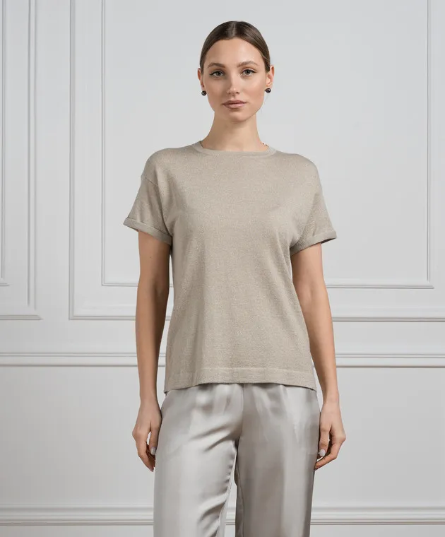 BRUNELLO CUCINELLI BEIGE TSHIRT WITH CASHMERE AND SILK WITH LUREX