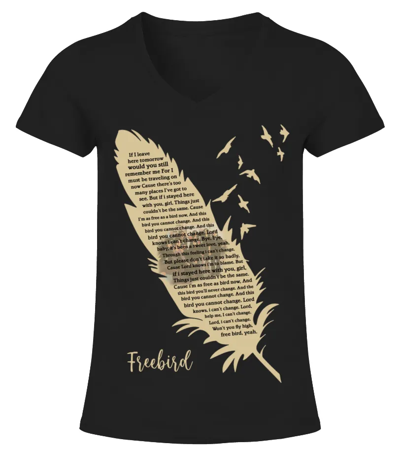 LYNYRD SKYNYRD  FREE BIRD LYRICS CAMISETA CUELLO PICO MUJER