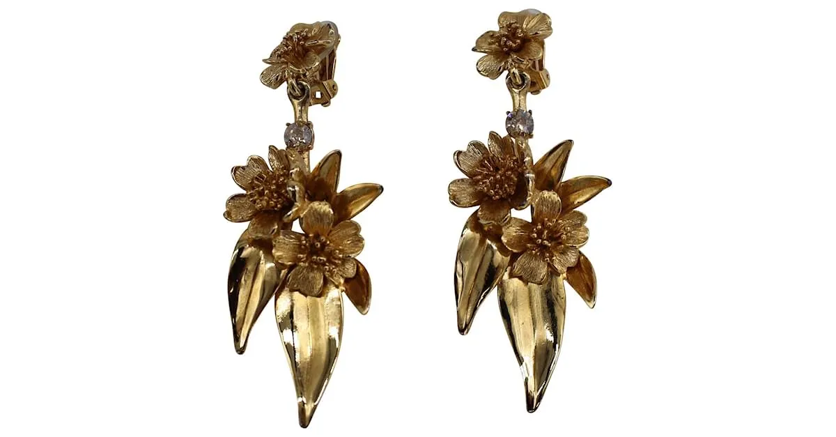 Pendientes de clip colgantes florales de Oscar de la Renta en metal dorado 